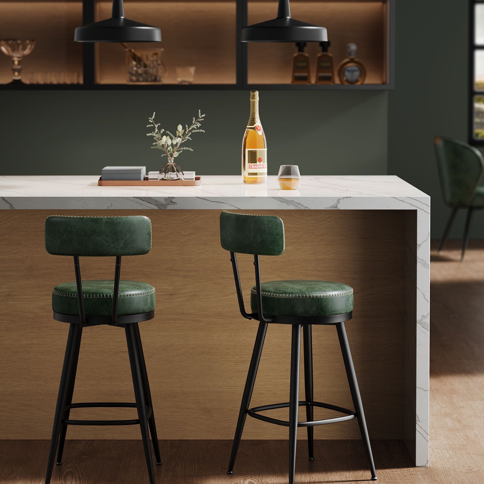 Swivel Bar Stools – Set of 2 – Faux Leather Seat with 360° Rotation – Steel Frame with Adjustable Feet – 25.6"/30" Seat Height