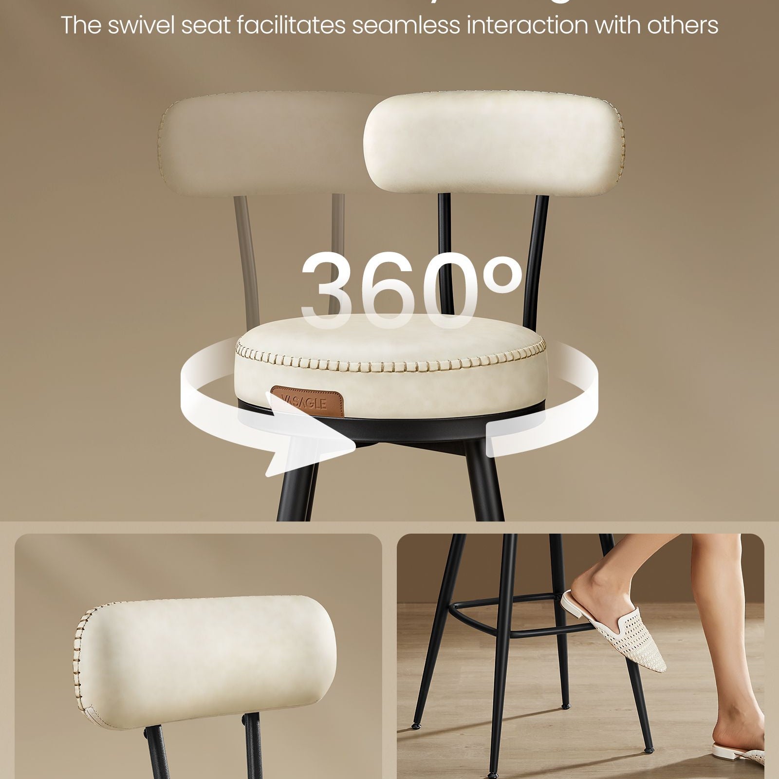 Swivel Bar Stools – Set of 2 – Faux Leather Seat with 360° Rotation – Steel Frame with Adjustable Feet – 25.6"/30" Seat Height