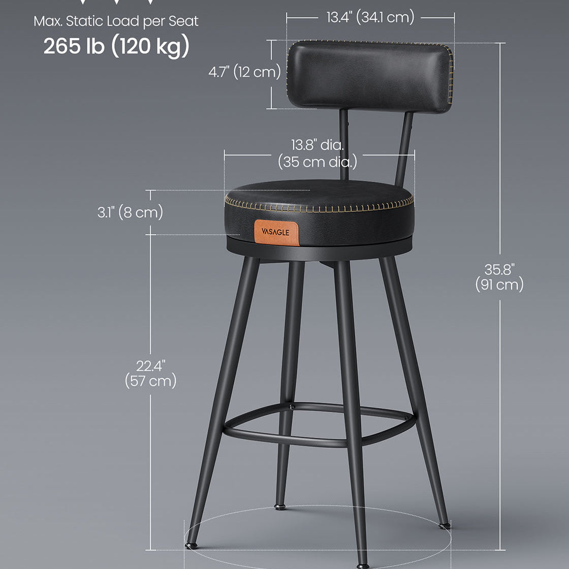 Swivel Bar Stools – Set of 2 – Faux Leather Seat with 360° Rotation – Steel Frame with Adjustable Feet – 25.6"/30" Seat Height