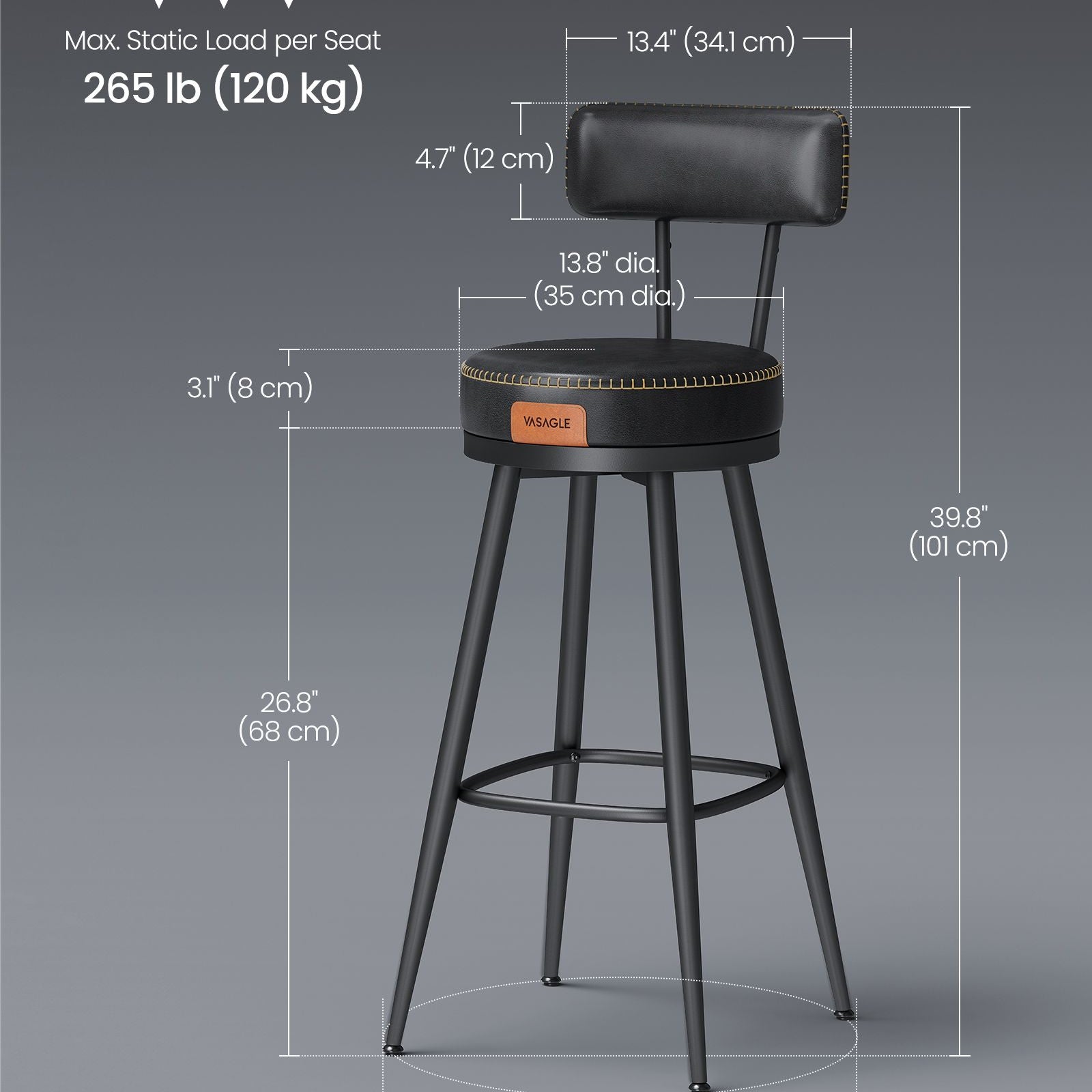 Swivel Bar Stools – Set of 2 – Faux Leather Seat with 360° Rotation – Steel Frame with Adjustable Feet – 25.6"/30" Seat Height