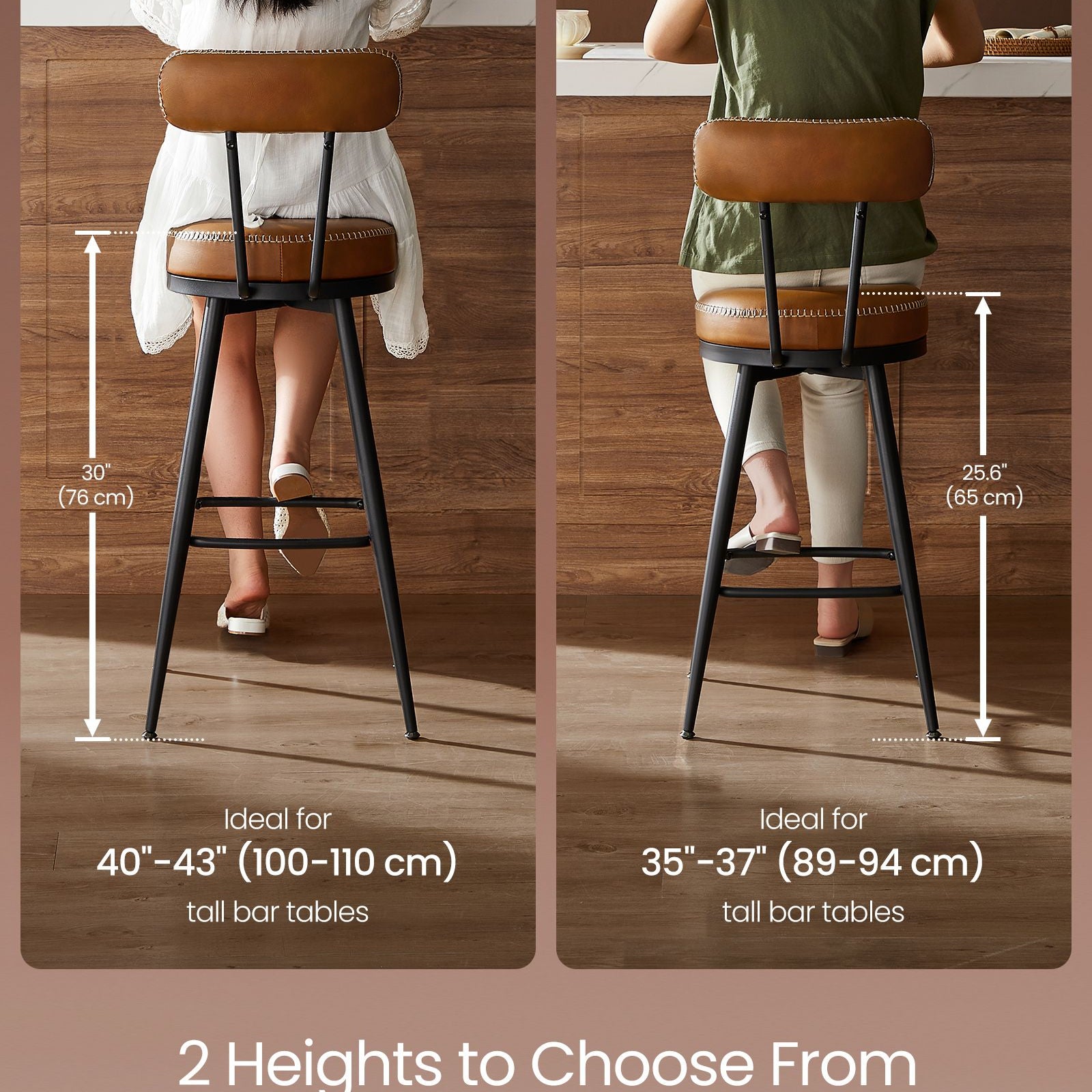 Swivel Bar Stools – Set of 2 – Faux Leather Seat with 360° Rotation – Steel Frame with Adjustable Feet – 25.6"/30" Seat Height