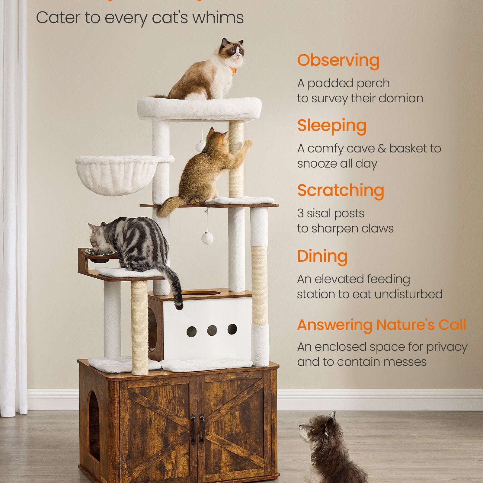 Tall Cat Tree Tower, Litter Box Cabinet, Feeding Station, Perches, Cushions