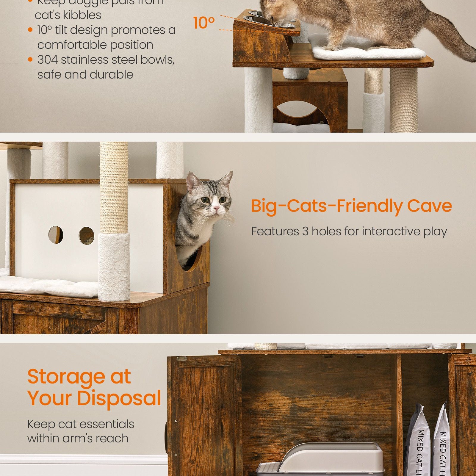 Tall Cat Tree Tower, Litter Box Cabinet, Feeding Station, Perches, Cushions