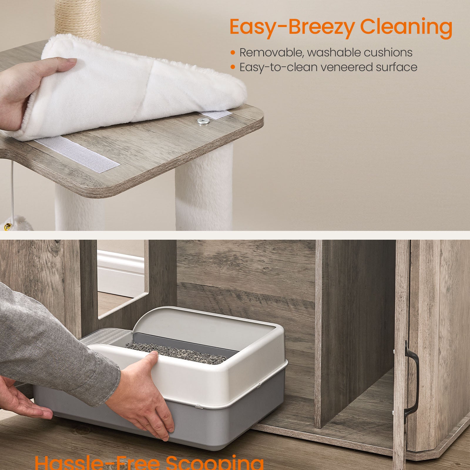 Tall Cat Tree Tower, Litter Box Cabinet, Feeding Station, Perches, Cushions