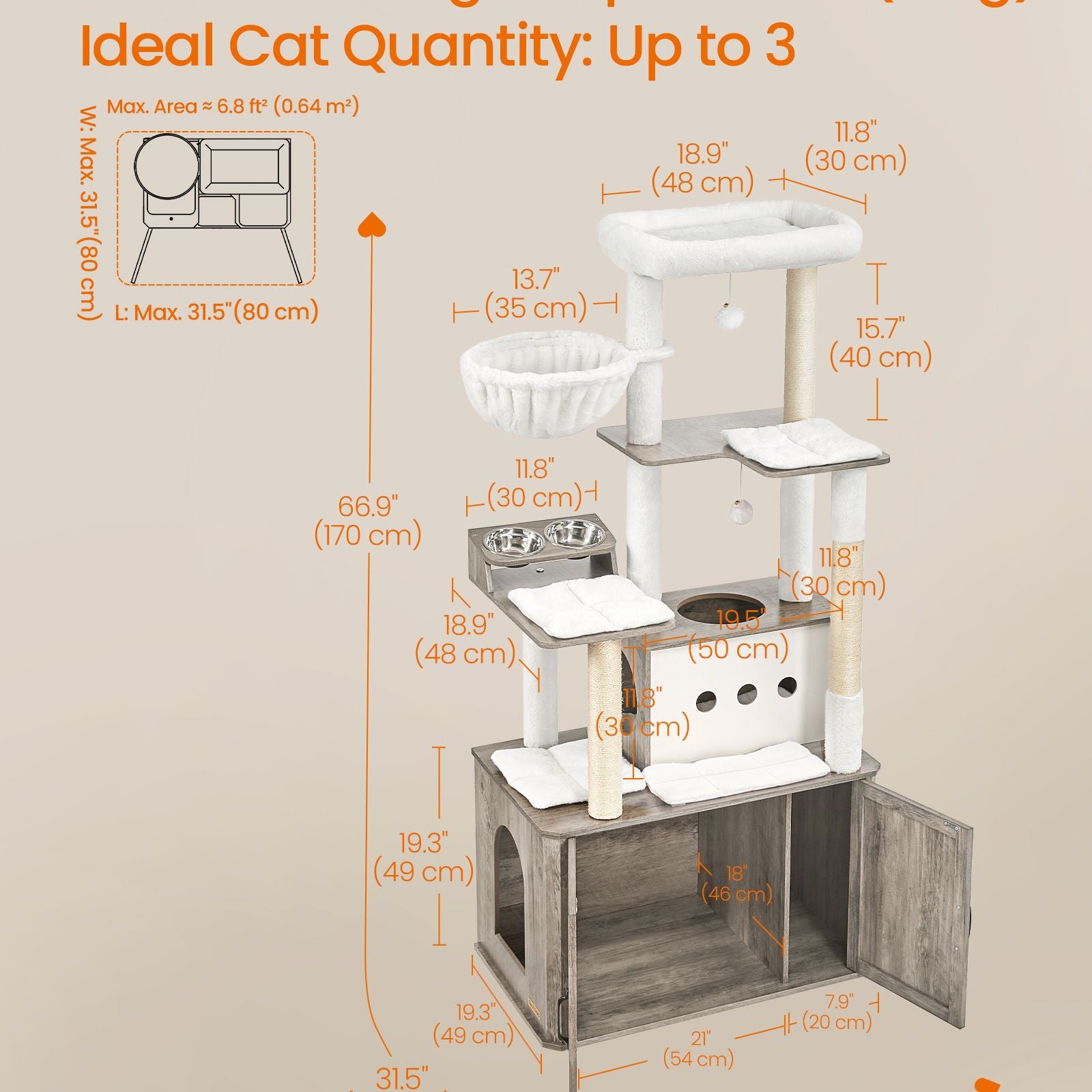 Tall Cat Tree Tower, Litter Box Cabinet, Feeding Station, Perches, Cushions