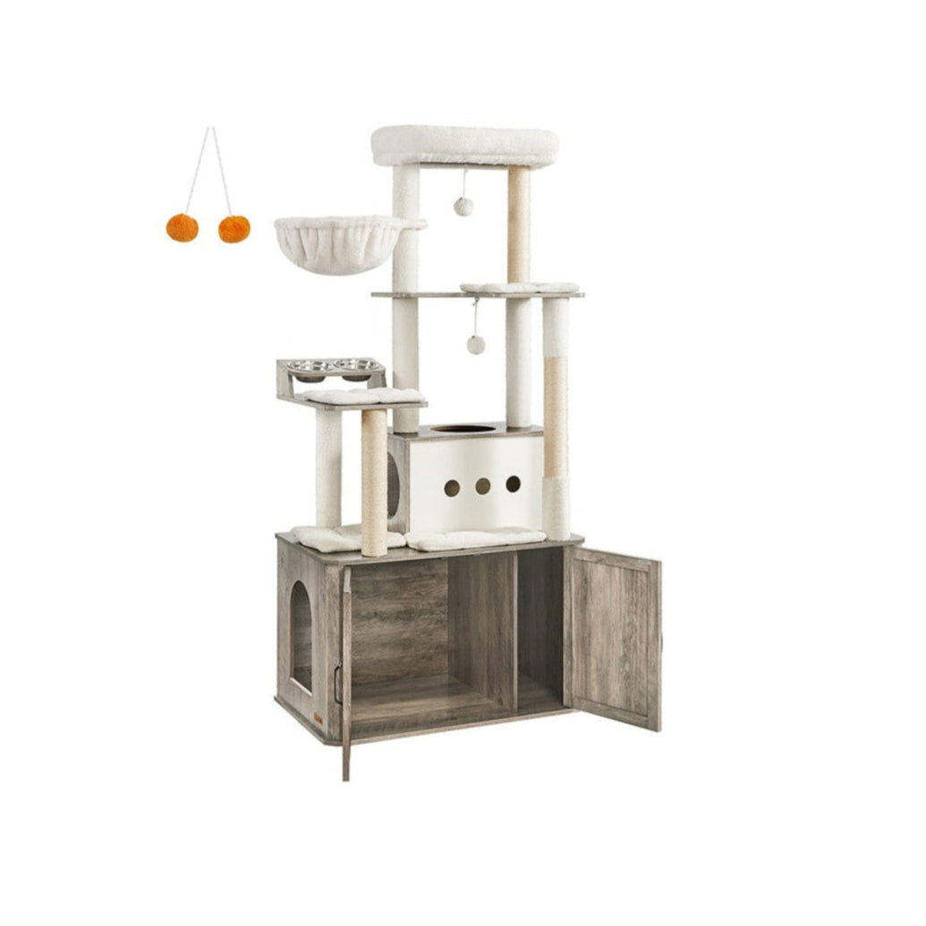 Tall Cat Tree Tower, Litter Box Cabinet, Feeding Station, Perches, Cushions