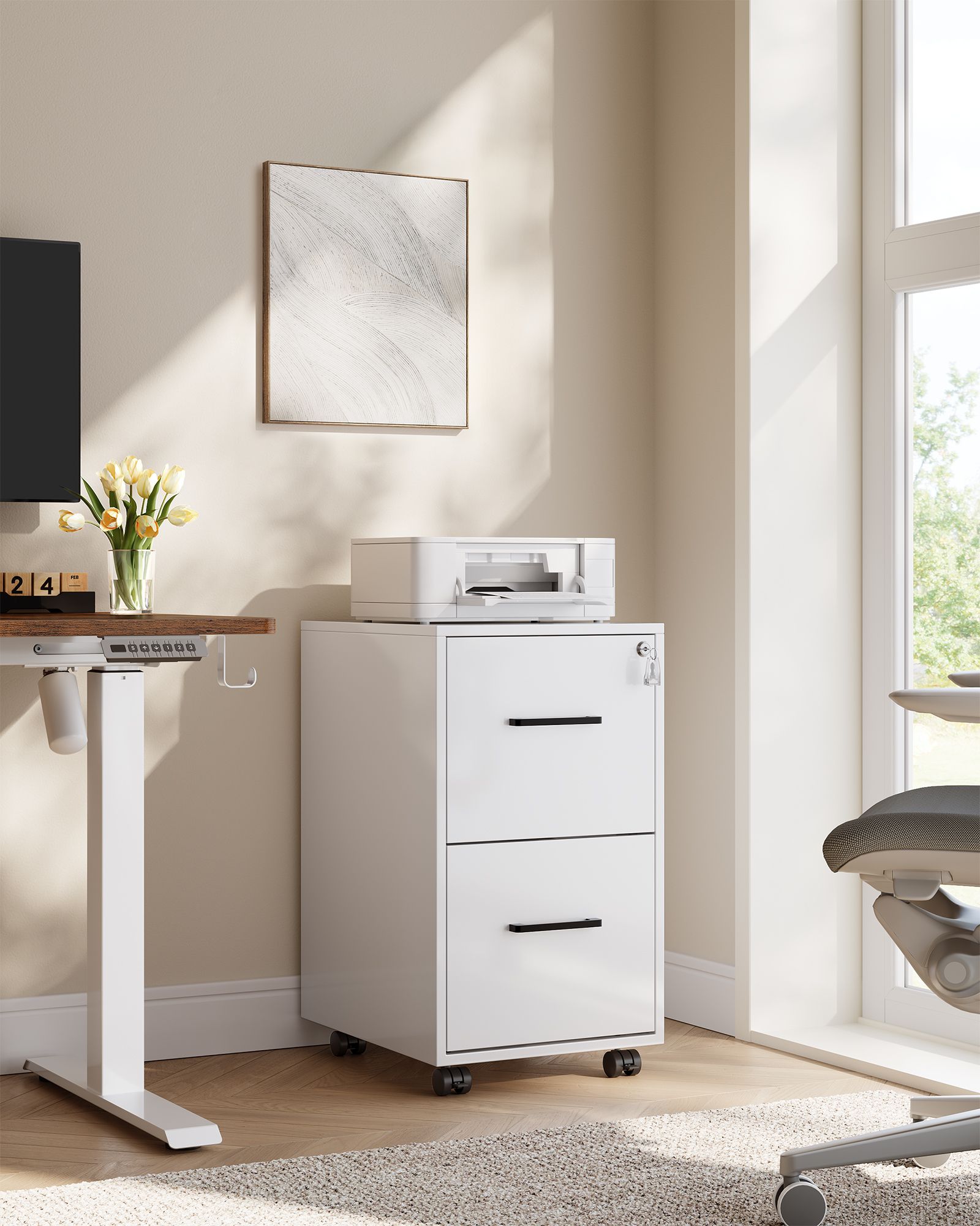 2-Drawer Mobile File Cabinet, Lockable, Hanging Rails, Steel Frame, Wheels/Feet