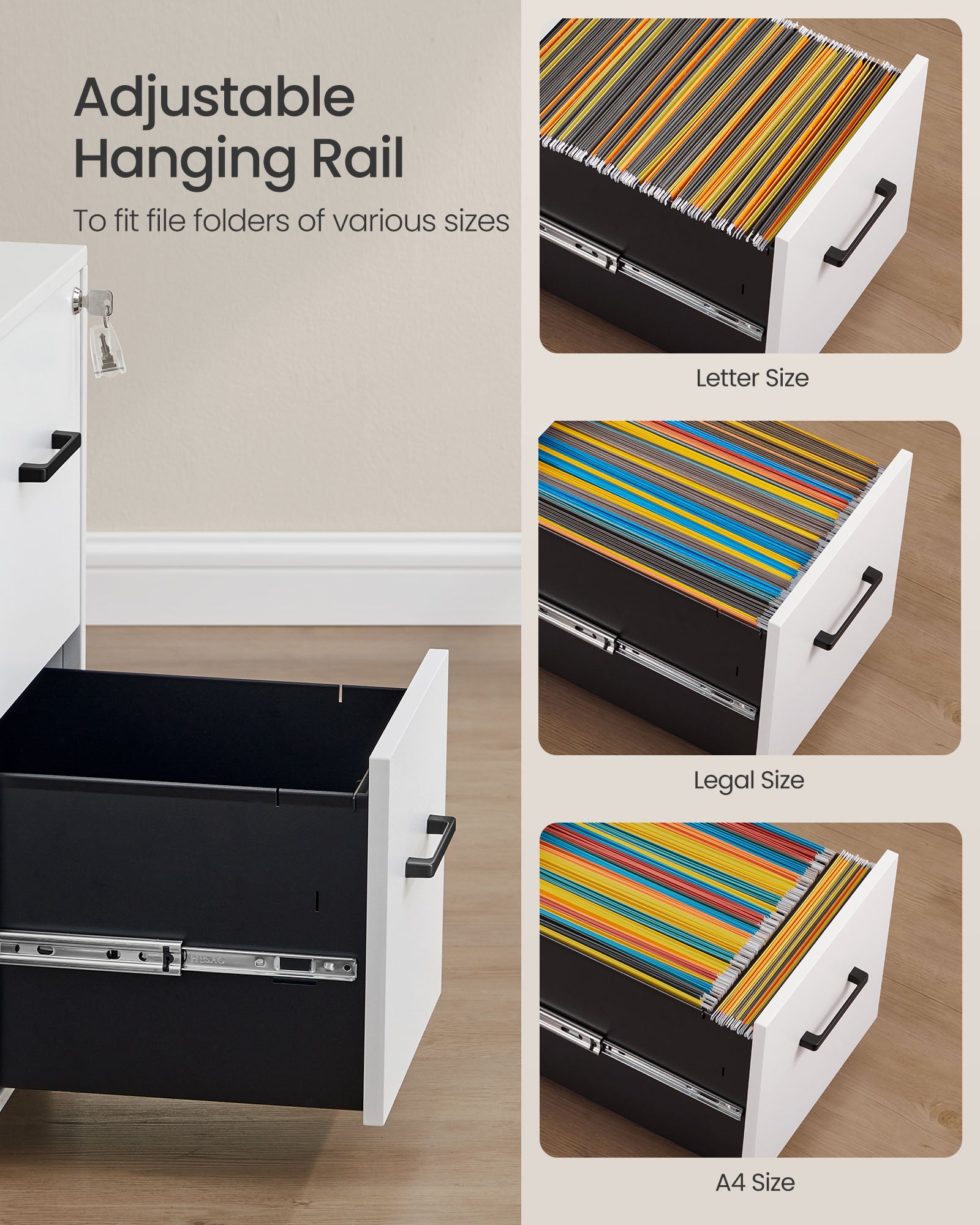 2-Drawer Mobile File Cabinet, Lockable, Hanging Rails, Steel Frame, Wheels/Feet