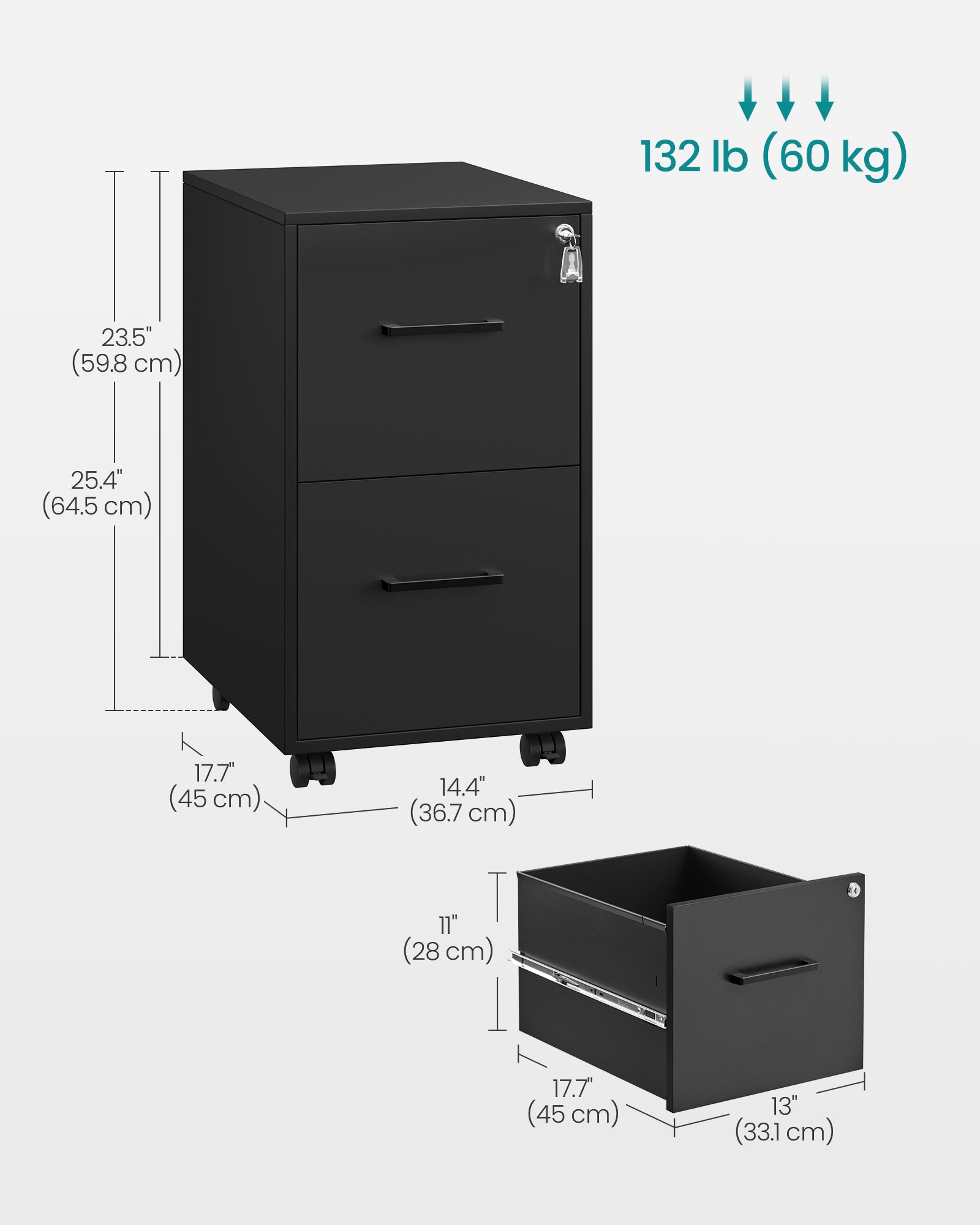 2-Drawer Mobile File Cabinet, Lockable, Hanging Rails, Steel Frame, Wheels/Feet