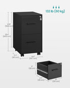 2-Drawer Mobile File Cabinet, Lockable, Hanging Rails, Steel Frame, Wheels/Feet