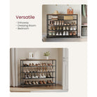 3-tier fabric shoe rack with wood top – wide entryway organizer – industrial style in rustic brown & black