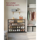 3-tier fabric shoe rack with wood top – wide entryway organizer – industrial style in rustic brown & black