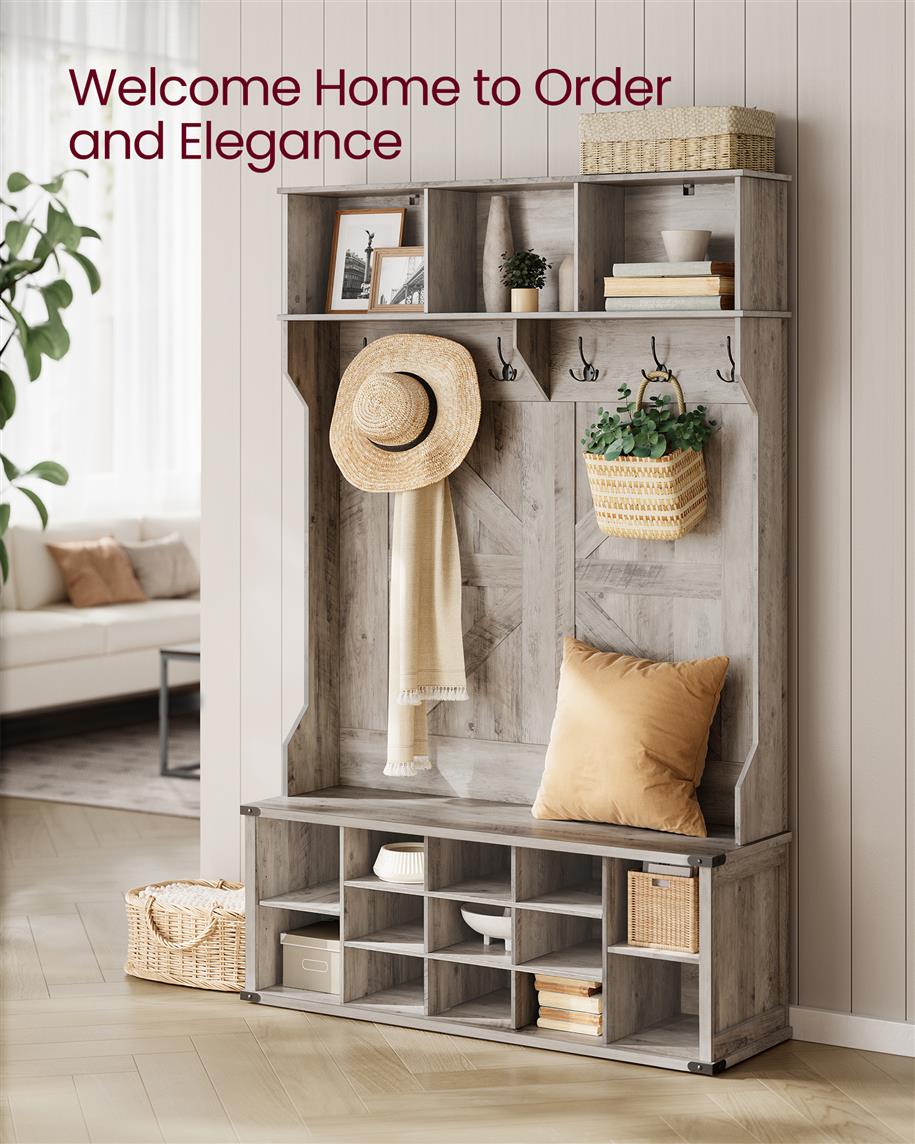 4-in-1 Entryway Hall Tree, Bench, Coat Hooks, Shoe Storage, Overhead Compartments