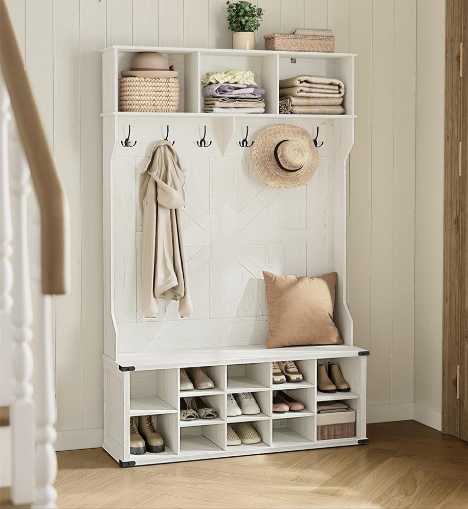 4-in-1 Entryway Hall Tree, Bench, Coat Hooks, Shoe Storage, Overhead Compartments