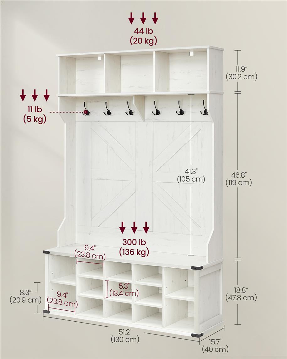 4-in-1 Entryway Hall Tree, Bench, Coat Hooks, Shoe Storage, Overhead Compartments