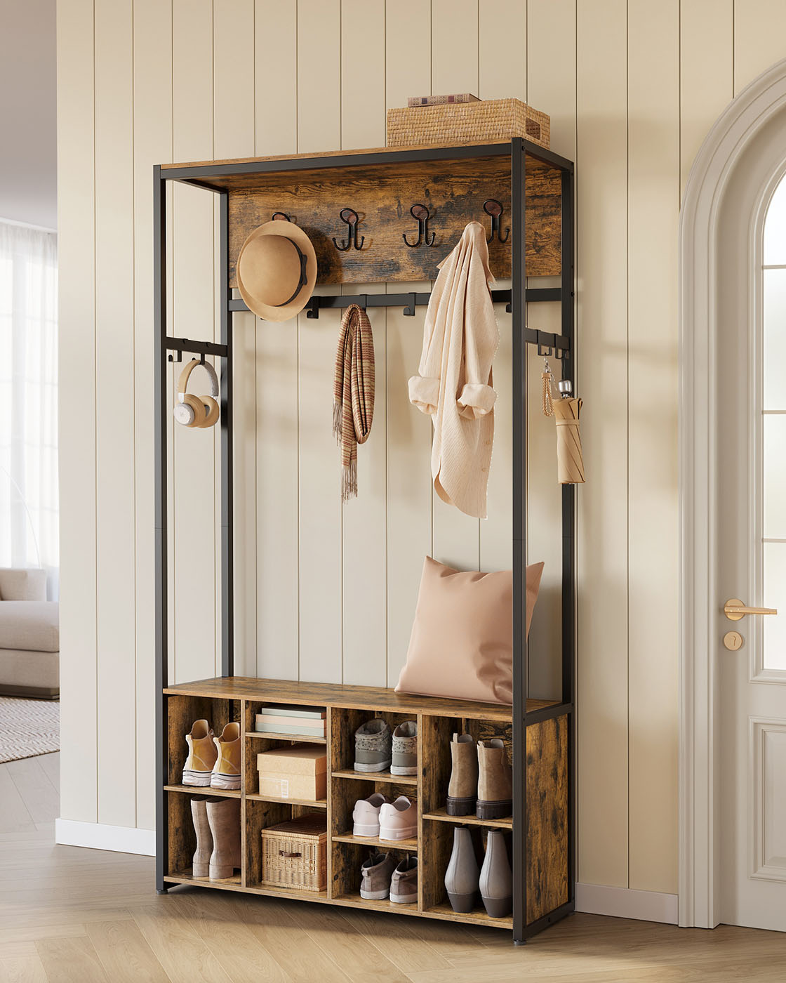 4-in-1 Entryway Hall Tree, Bench, Coat Hooks, Shoe Storage, Top Shelf