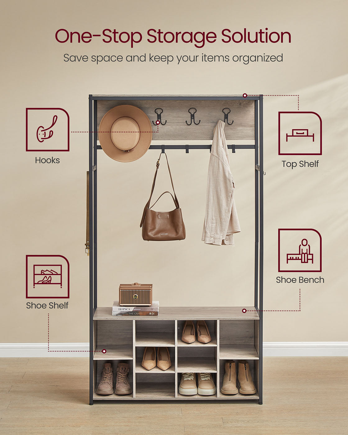 4-in-1 Entryway Hall Tree, Bench, Coat Hooks, Shoe Storage, Top Shelf