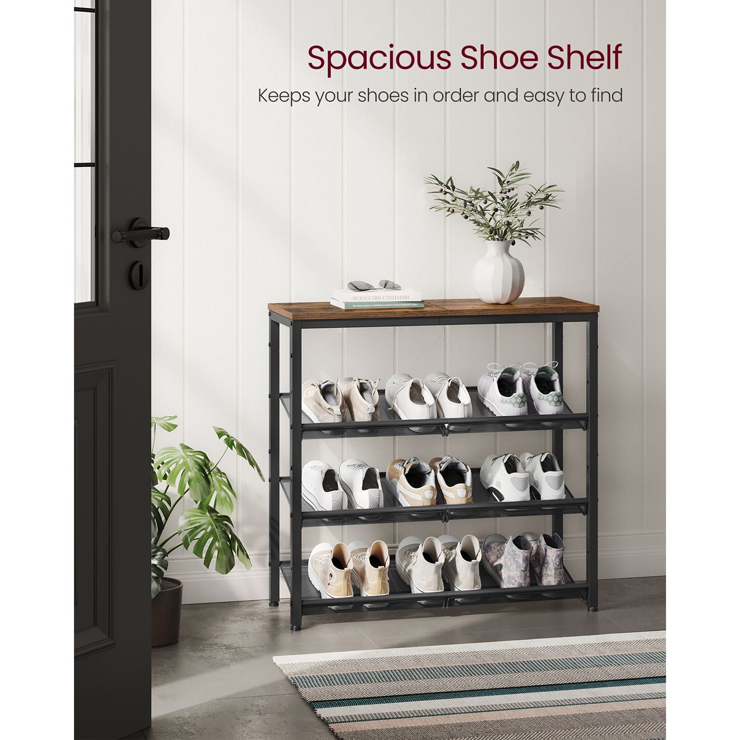4-tier shoe rack with mesh shelves - industrial shoe organizer with top shelf - rustic brown & black