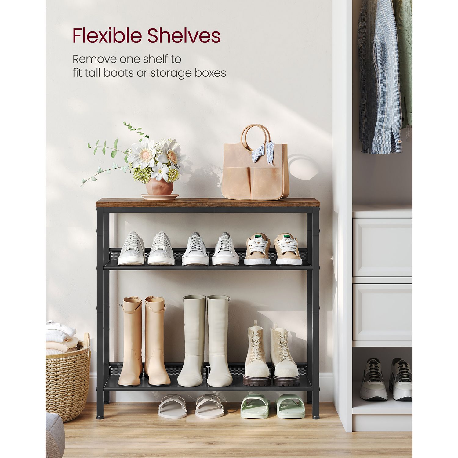 4-tier shoe rack with mesh shelves - industrial shoe organizer with top shelf - rustic brown & black