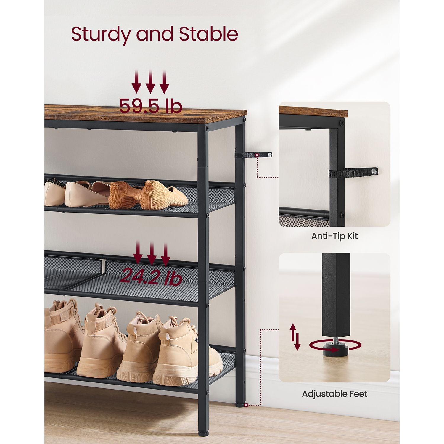 4-tier shoe rack with mesh shelves - industrial shoe organizer with top shelf - rustic brown & black