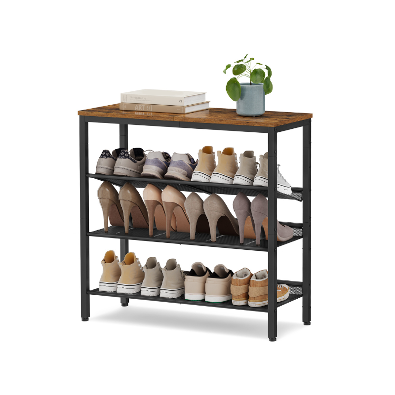 4-tier shoe rack with mesh shelves - industrial shoe organizer with top shelf - rustic brown & black