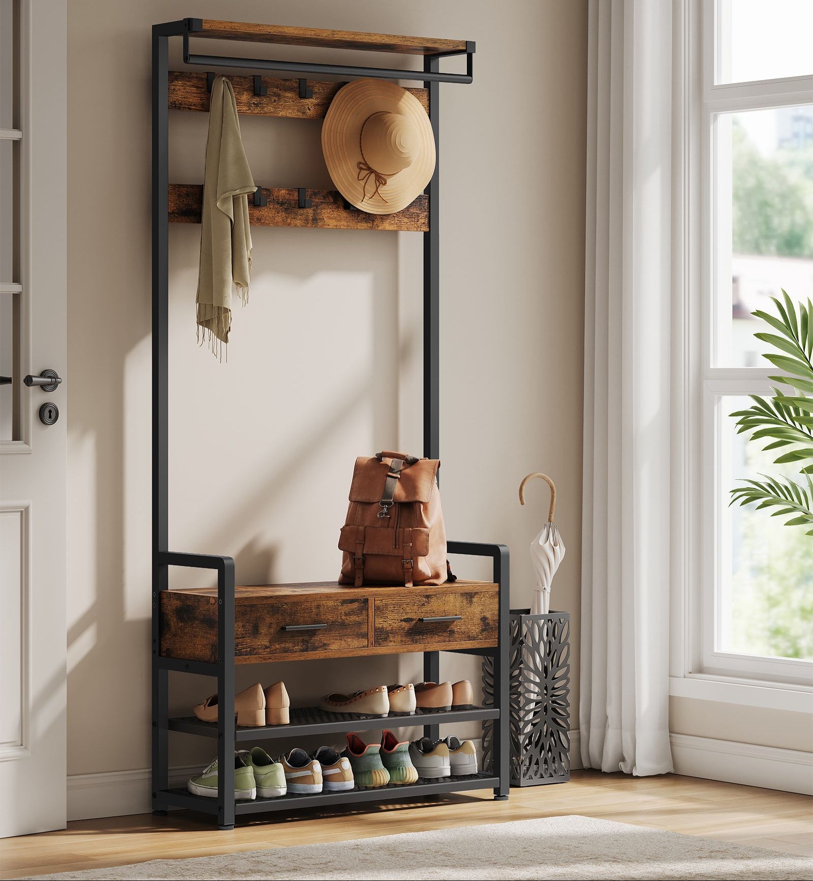 6-in-1 Entryway Hall Tree, Bench, Hooks, Shoe Rack, Drawers, Rail, Shelves