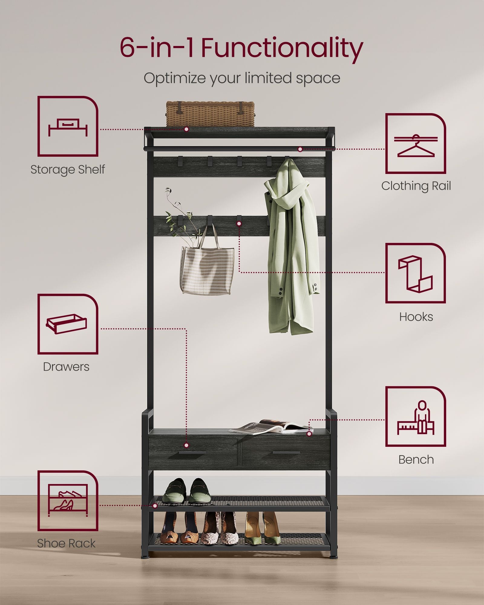 6-in-1 Entryway Hall Tree, Bench, Hooks, Shoe Rack, Drawers, Rail, Shelves
