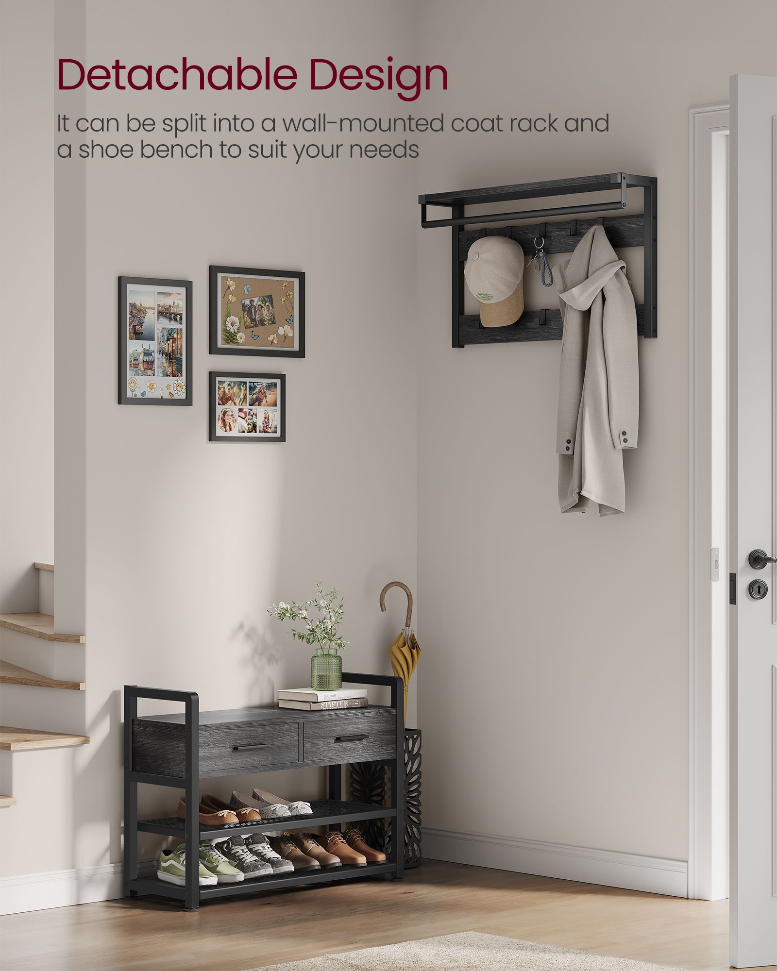 6-in-1 Entryway Hall Tree, Bench, Hooks, Shoe Rack, Drawers, Rail, Shelves