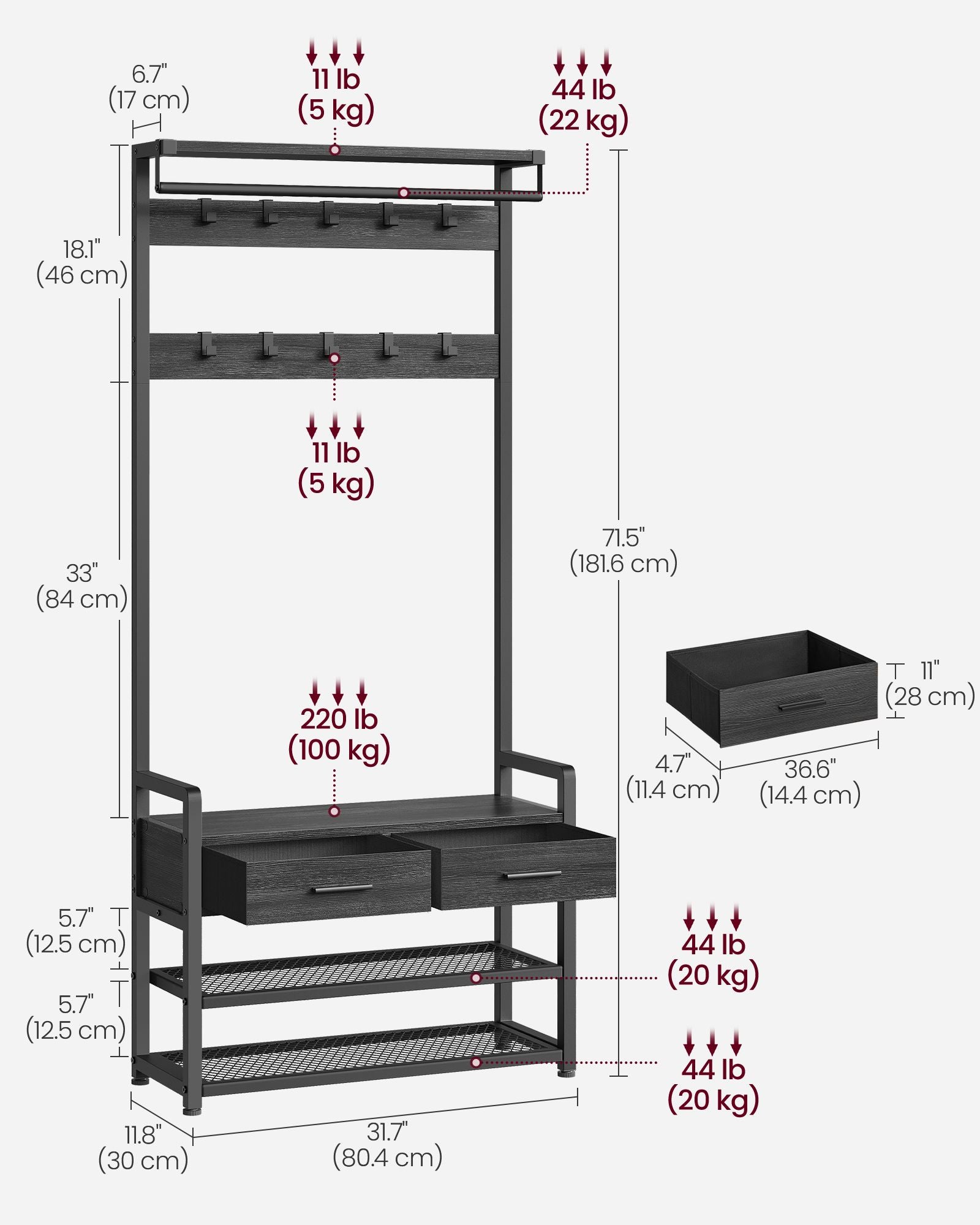 6-in-1 Entryway Hall Tree, Bench, Hooks, Shoe Rack, Drawers, Rail, Shelves