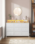 9-Drawer Dresser, LED Lights, 44.9" Wide, Power Outlets & USB, Steel Frame