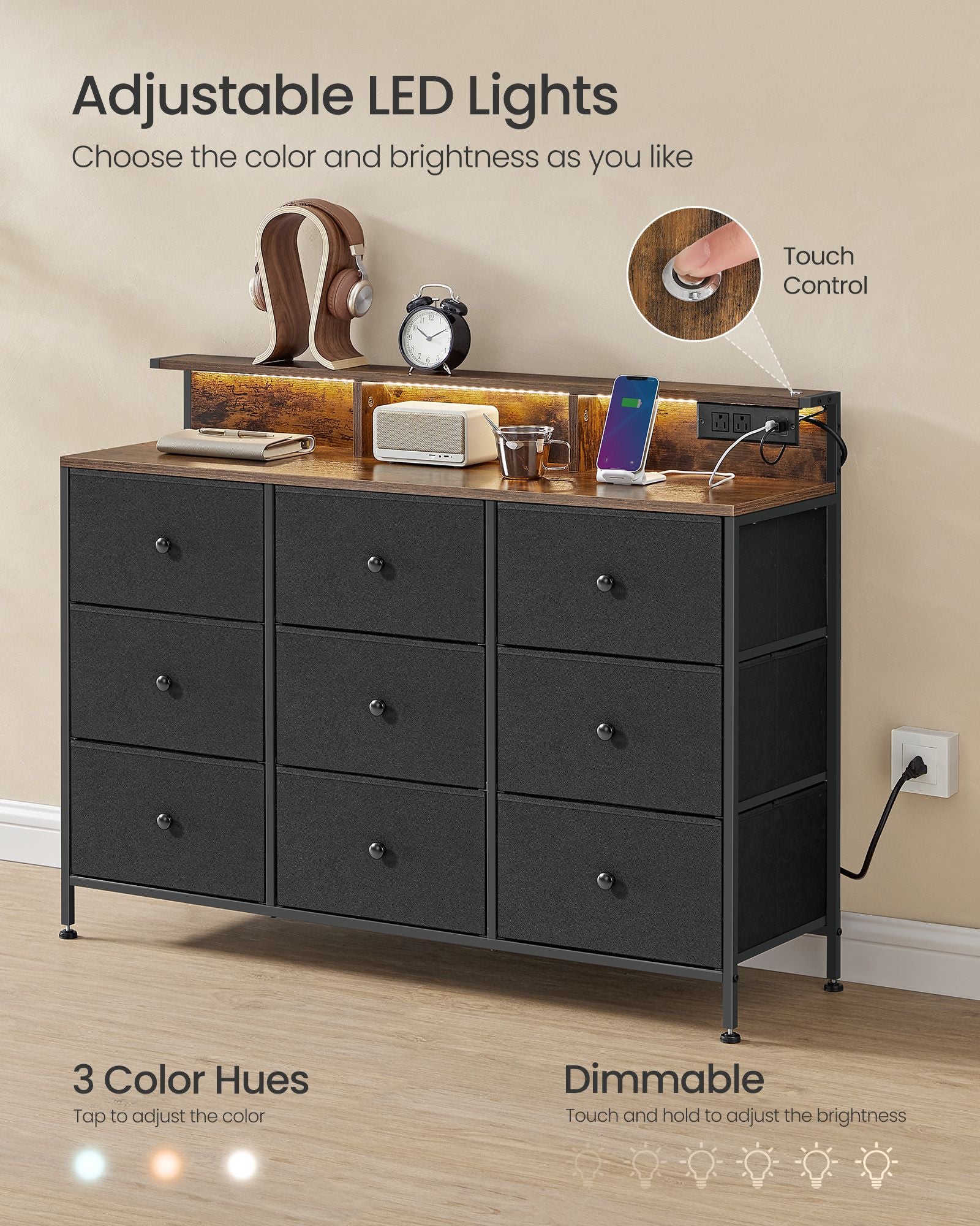 9-Drawer Dresser, LED Lights, 44.9" Wide, Power Outlets & USB, Steel Frame