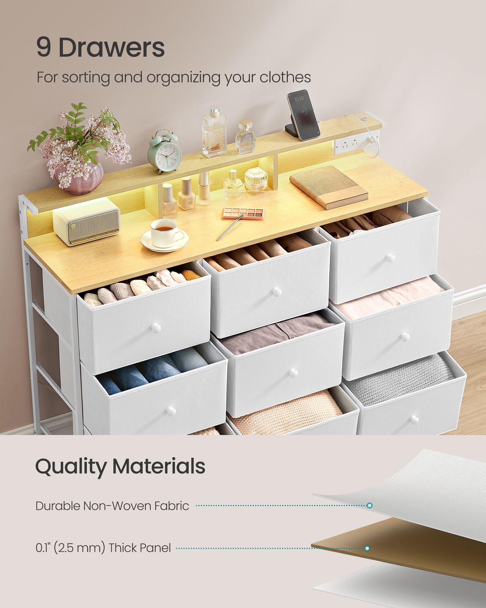 9-Drawer Dresser, LED Lights, 44.9" Wide, Power Outlets & USB, Steel Frame