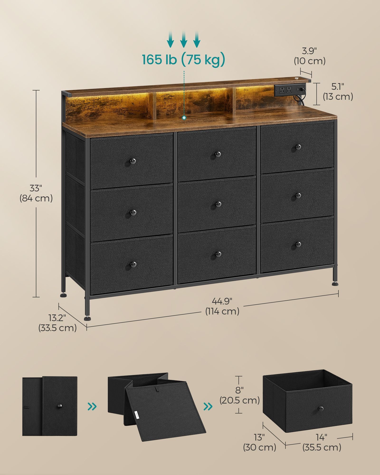 9-Drawer Dresser, LED Lights, 44.9" Wide, Power Outlets & USB, Steel Frame