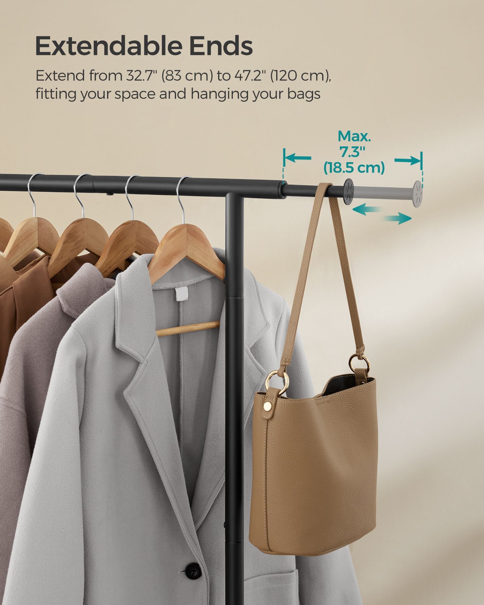 Adjustable Garment Rack with Wheels, Extends 32.7"–47.2", Rolling Clothing Stand, Black