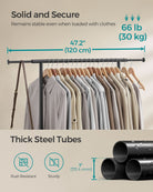 Adjustable Garment Rack with Wheels, Extends 32.7"–47.2", Rolling Clothing Stand, Black