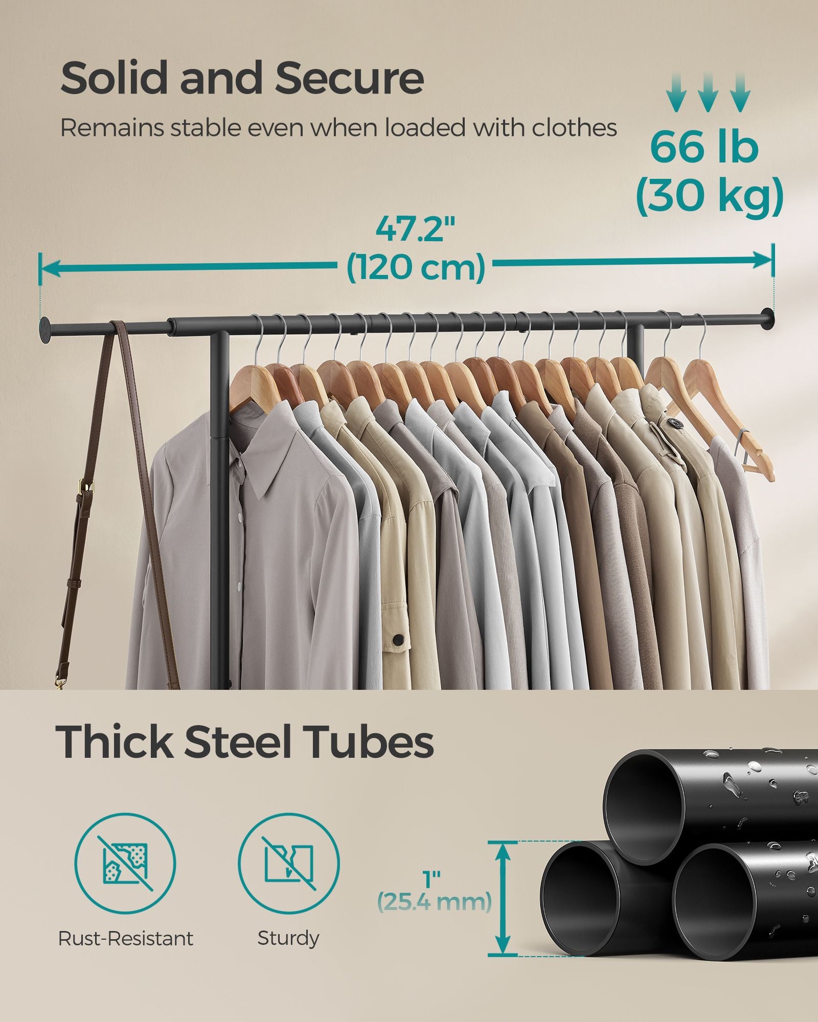 Adjustable Garment Rack with Wheels, Extends 32.7"–47.2", Rolling Clothing Stand, Black