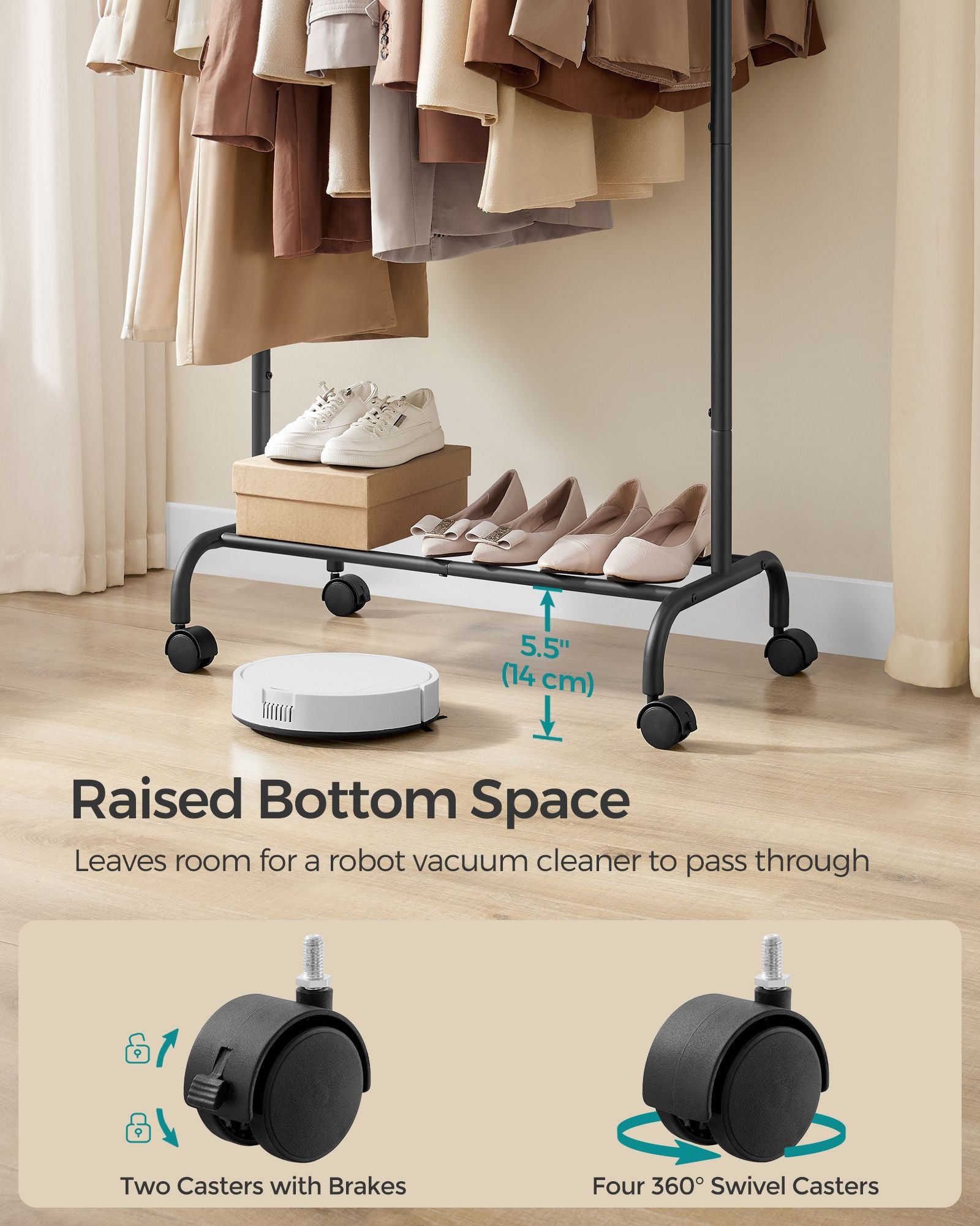 Adjustable Garment Rack with Wheels, Extends 32.7"–47.2", Rolling Clothing Stand, Black