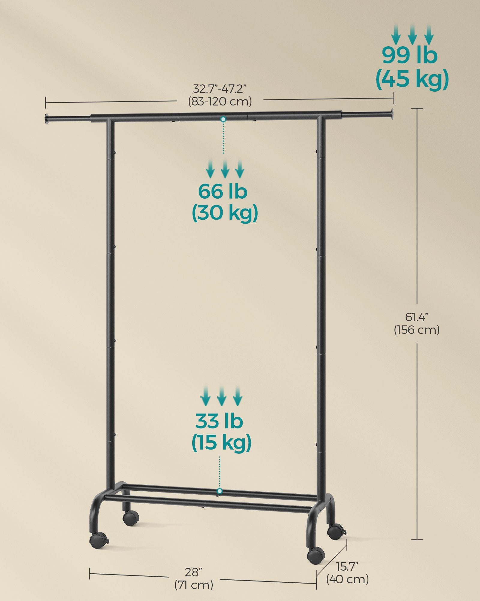 Adjustable Garment Rack with Wheels, Extends 32.7"–47.2", Rolling Clothing Stand, Black