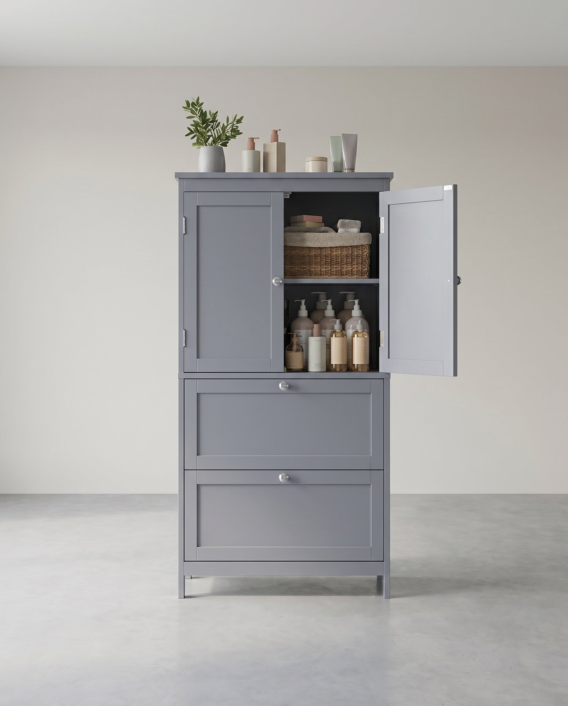Badkamerkastjes – 30 x 60 x 110 cm – 2 deuren – 2 lades – MDF – Verstelbare plank – 18,5 kg – Maximale belasting 136 kg