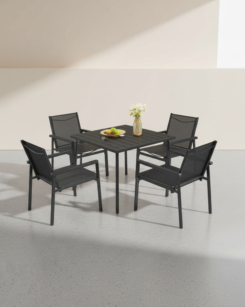 Tuinset 5 - delig - 4 Tuinstoelen met Tafel - Zwart - De Vries Meubels