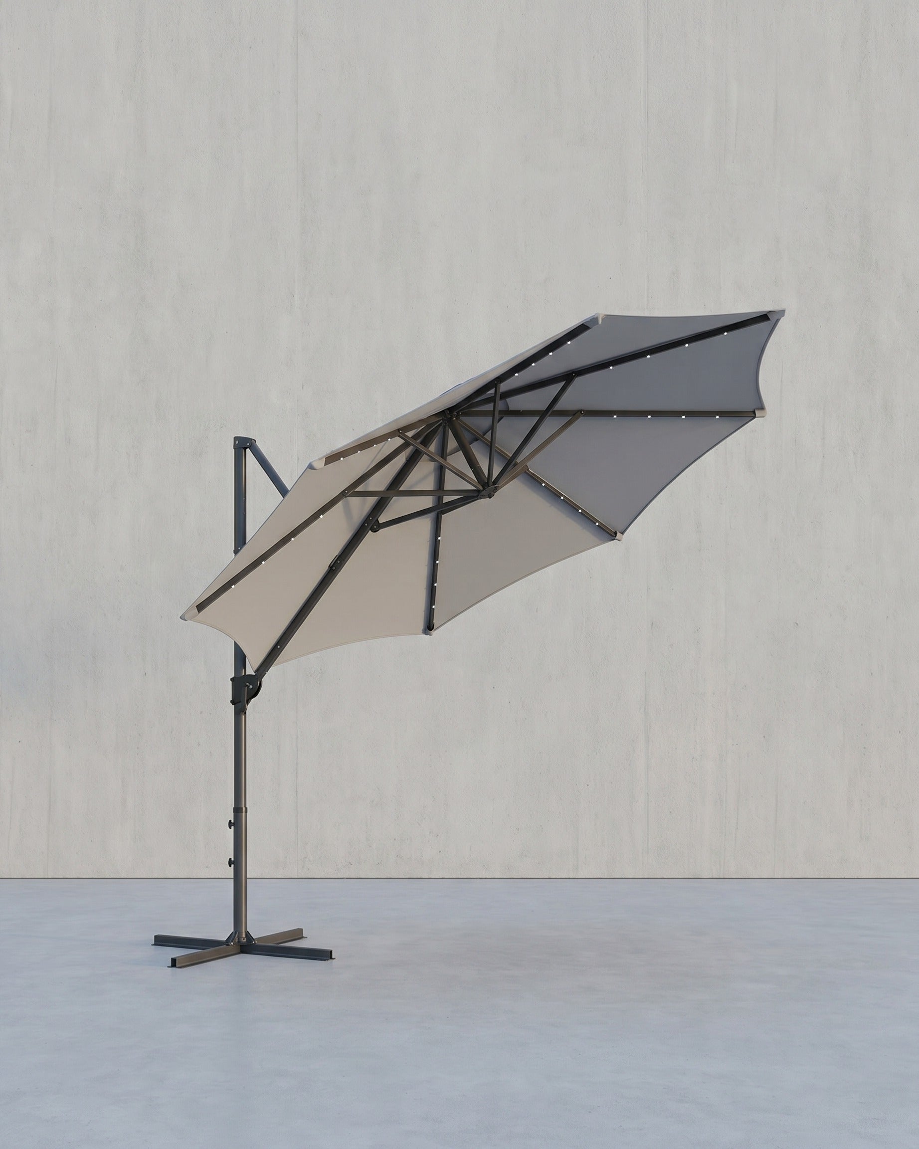 Zweefparasol 300 cm Met LED Solarverlichting – 360° Draaibaar – Traploos Kantelbaar – UPF 50+ – Met Zwengel En Kruisvoet