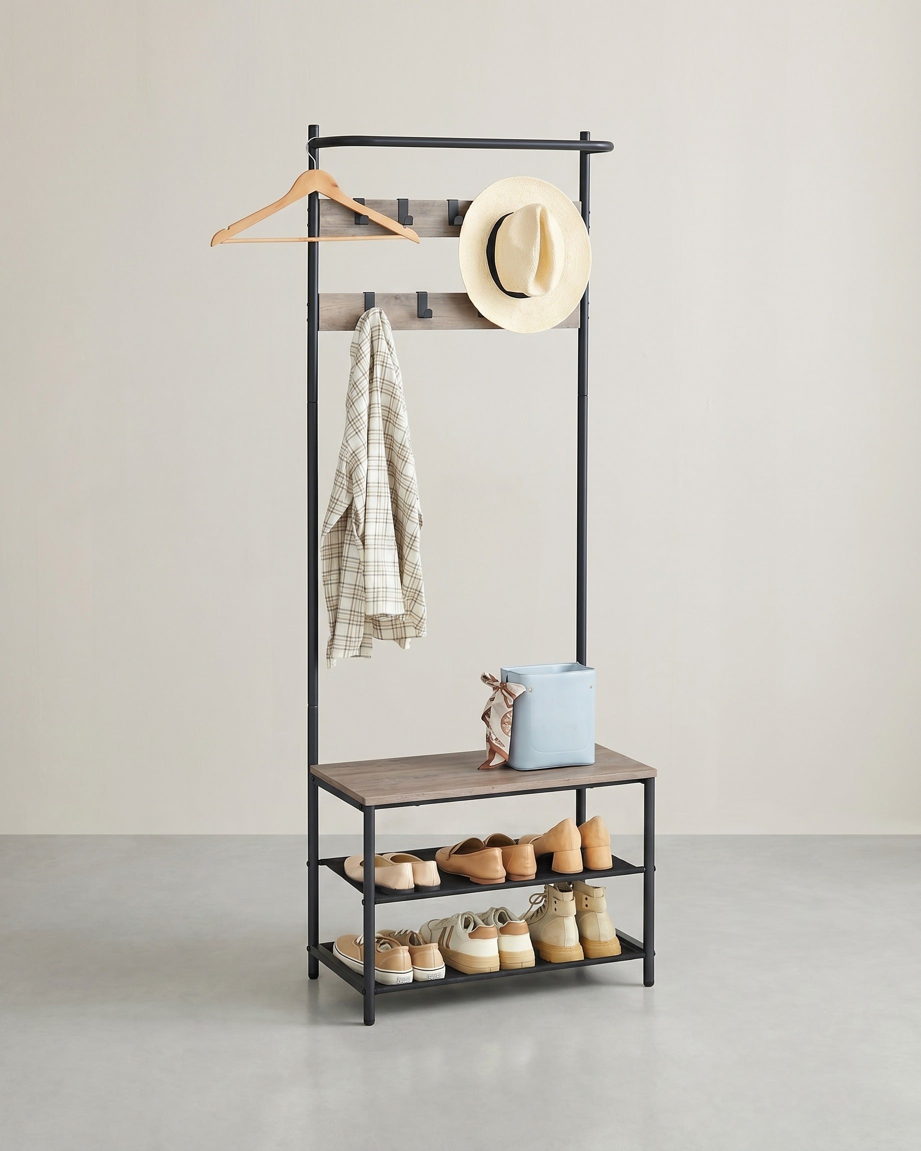 Kapstok met Bankje – 3-in-1 Kledingrek – 9 Haken, 2 Planken en Zitbank