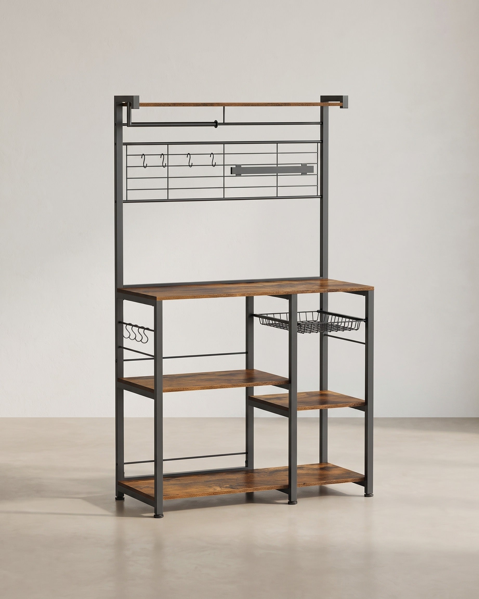 Keukenkast – Vrijstaande Keukenplank met Magnetische Messenhouder en Draadmand – 12 Haken