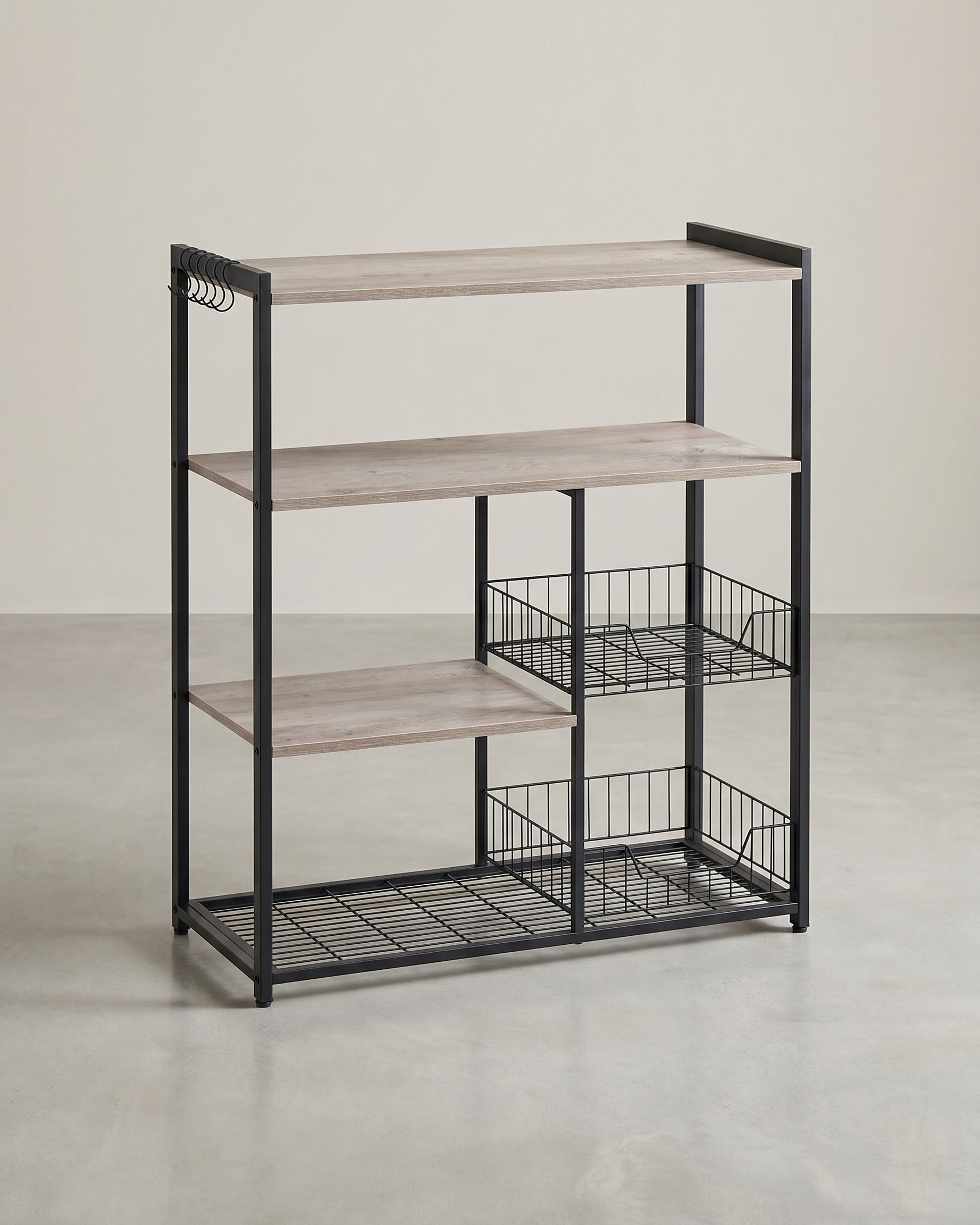Keukenrek – Staande plank – 2 metalen manden – Haken en planken – 35 x 80 x 95 cm – Spaanplaat en staal