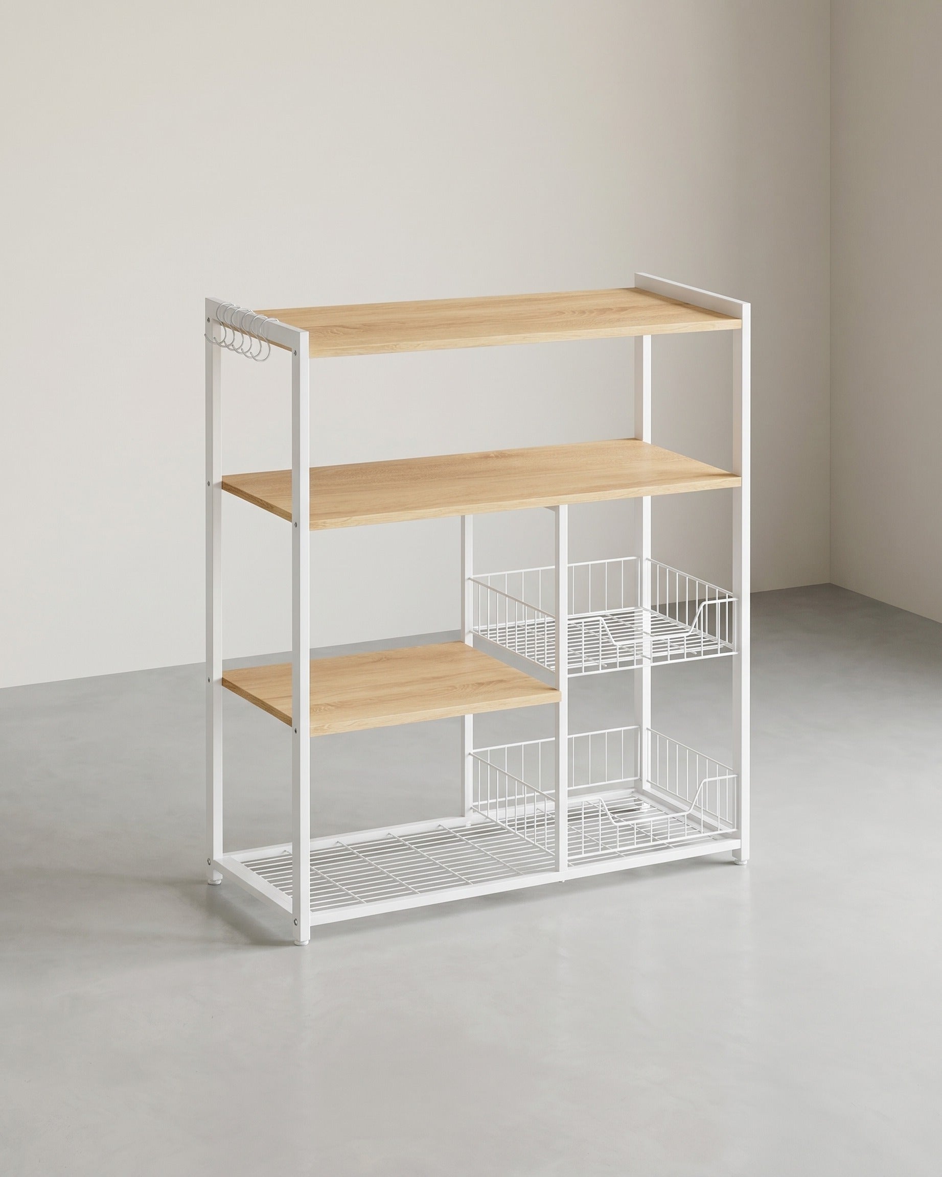 Keukenrek – Staande plank – 2 metalen manden – Haken en planken – 35 x 80 x 95 cm – Spaanplaat en staal
