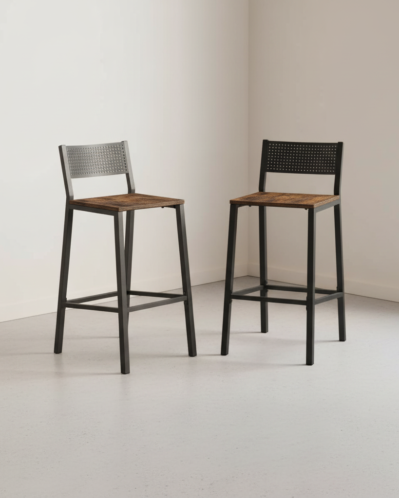 Industriële Barstoelen Set van 2 - Vintage Houtlook - Met Rugleuning - De Vries Meubels