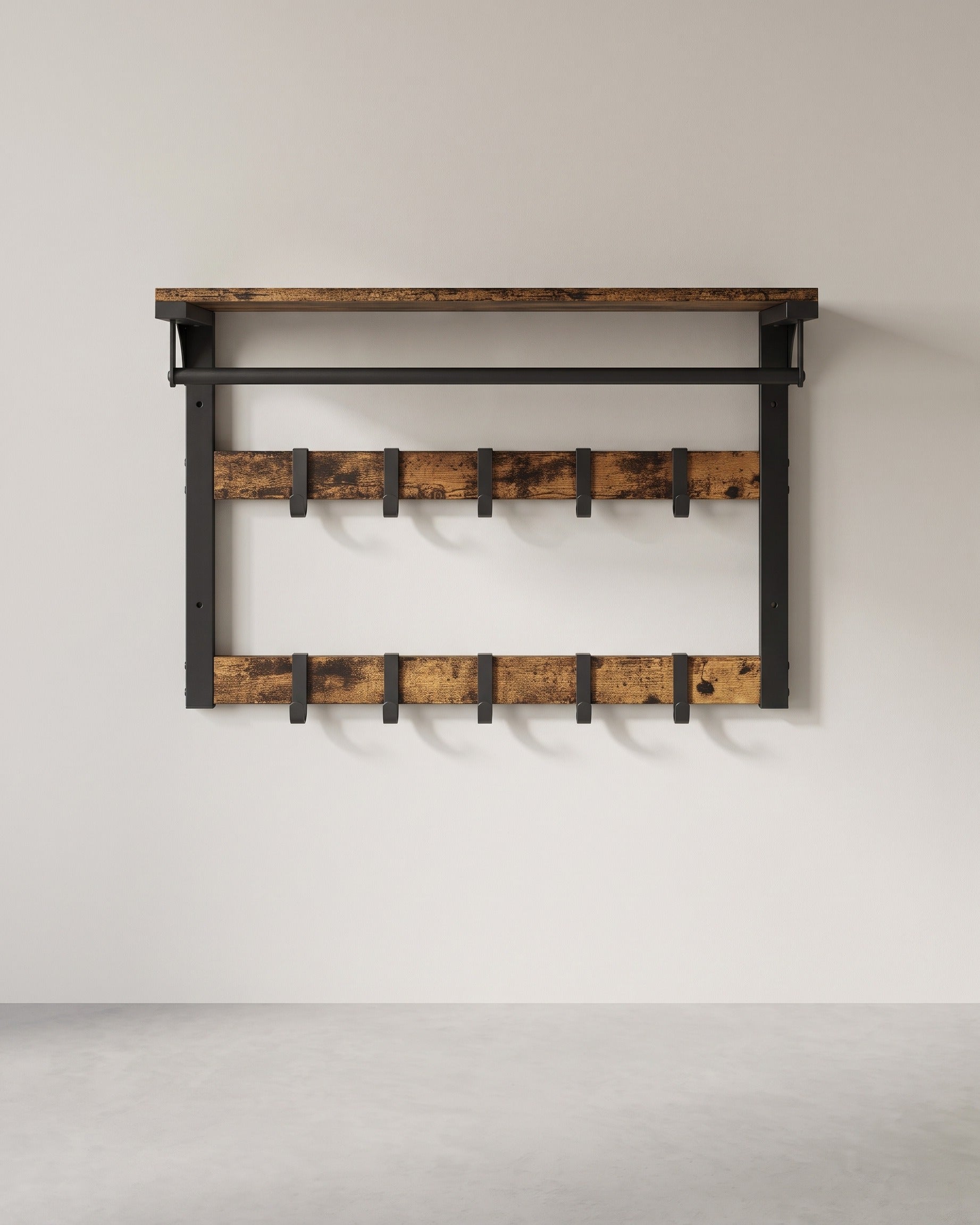 Wandkapstok – Industrieel Design – Met Legplank, Kledingstang en 10 Haken – Ruimtebesparend Wandrek