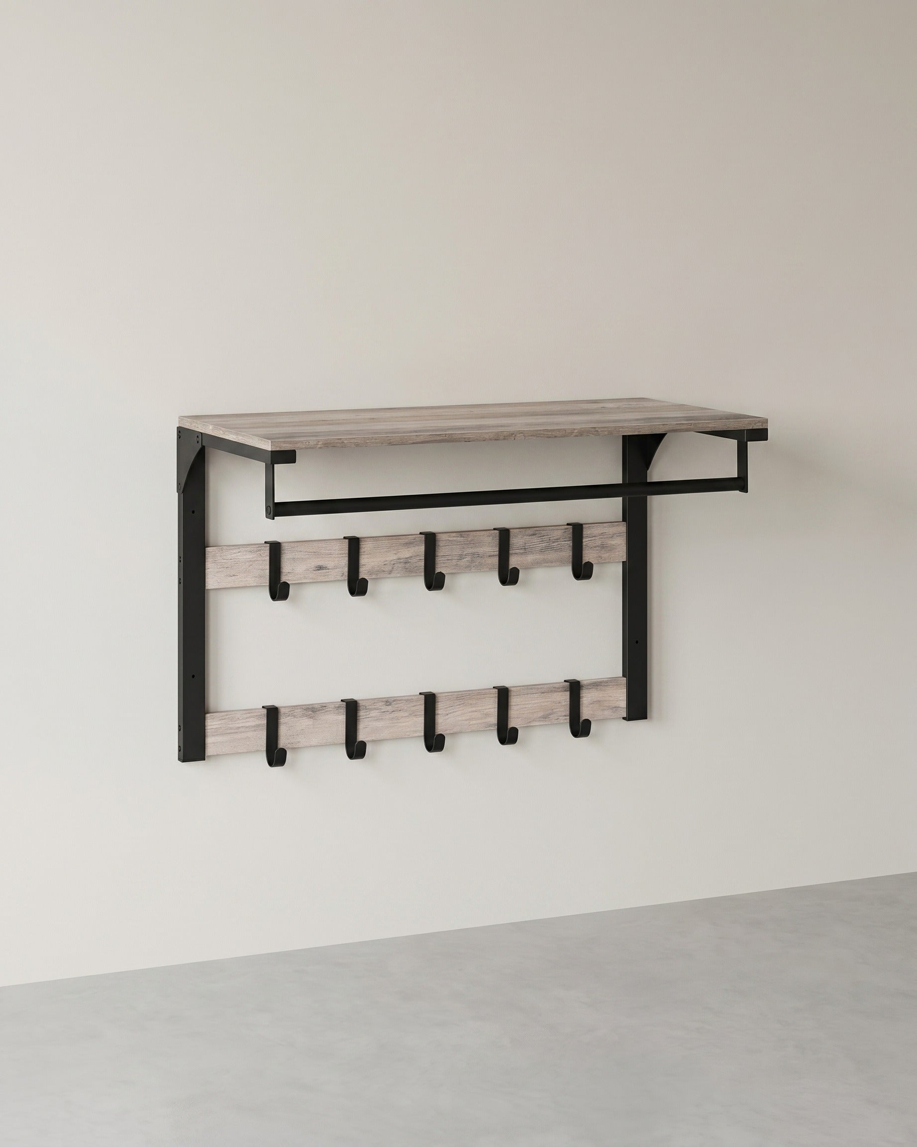 Wandkapstok – Industrieel Design – Met Legplank, Kledingstang en 10 Haken – Ruimtebesparend Wandrek