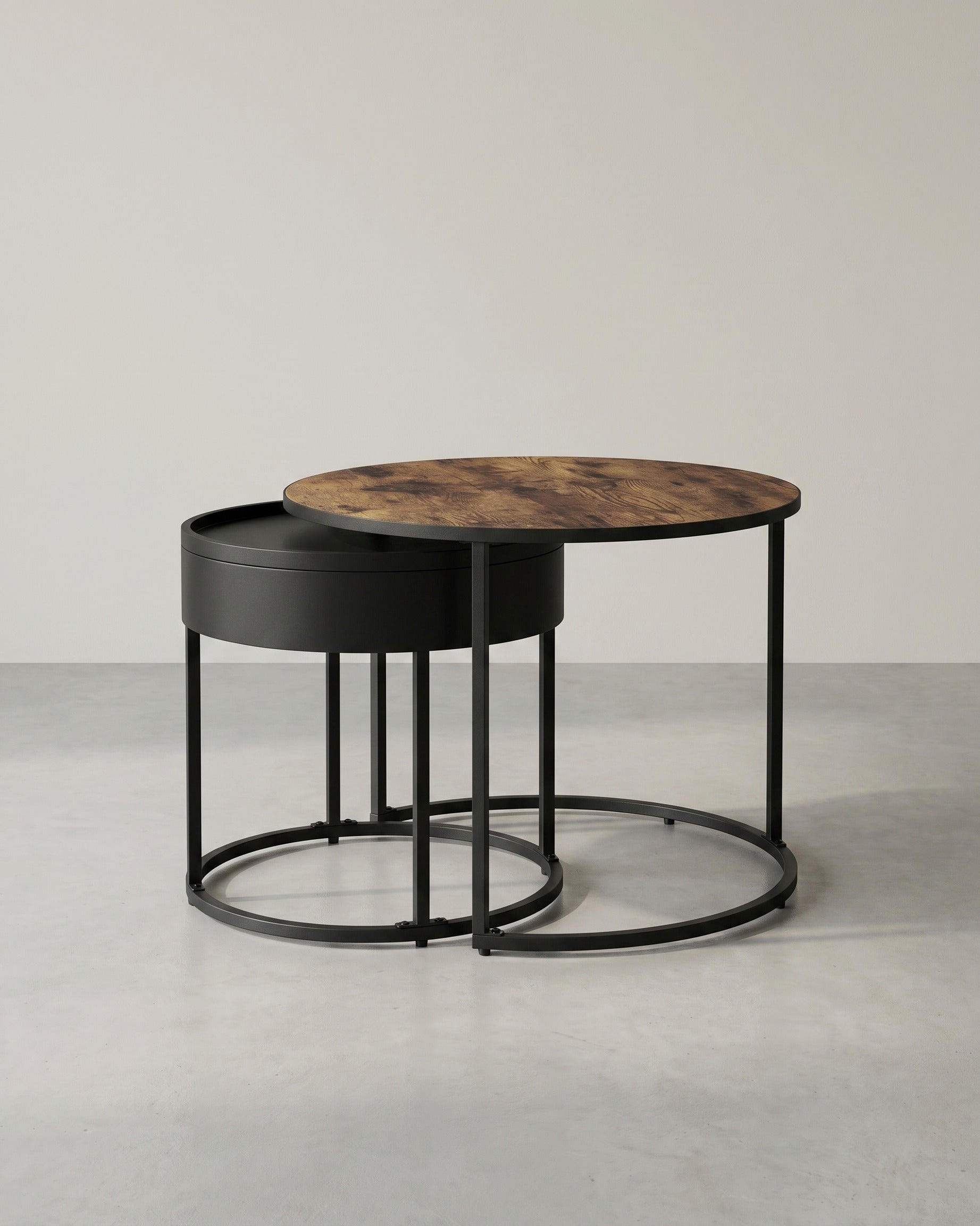 Ronde Salontafelset 2-delig – Nesttafels – Bijzettafels met Opbergruimte – Moderne Houten Tafels met Stalen Frame