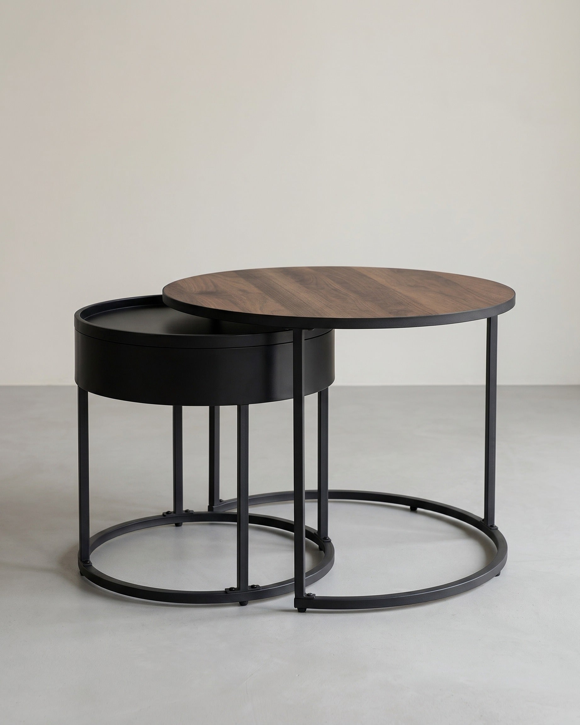 Ronde Salontafelset 2-delig – Nesttafels – Bijzettafels met Opbergruimte – Moderne Houten Tafels met Stalen Frame